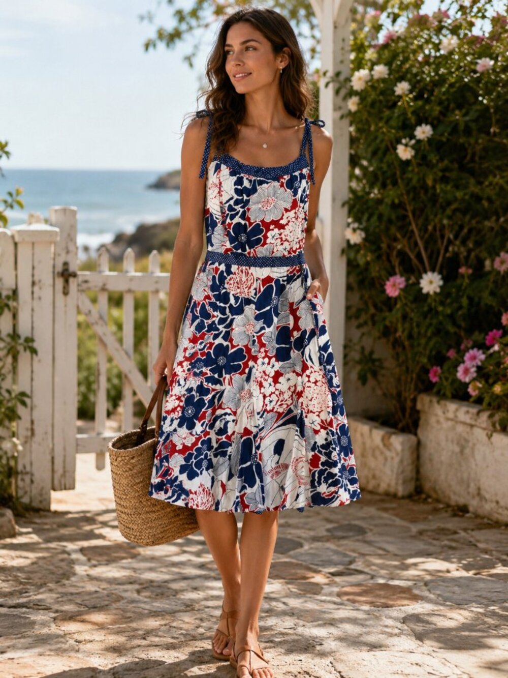 Retro Floral Sundress Blue White Small